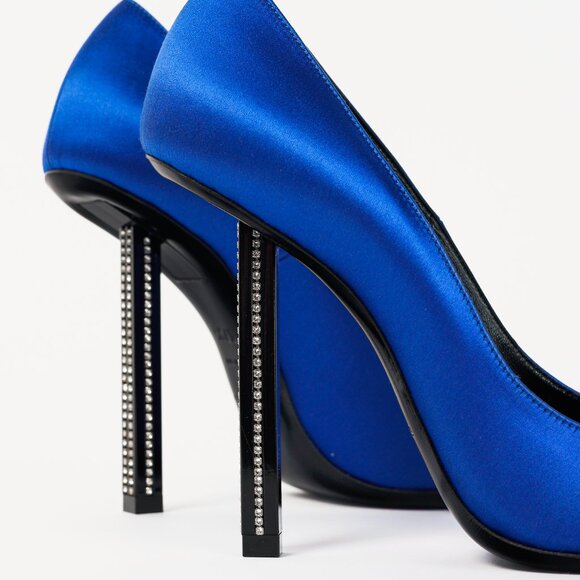 Saint Laurent Tower 110 Bleu Silk Satin Strass-Embellished Pointed-Toe Pumps - Picture 8 of 12